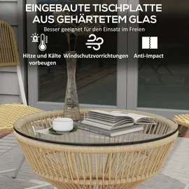 Outsunny Beistelltisch Rattan, Ø60 cm Couchtisch Gartentisch mit Tischplatte aus Hartglas