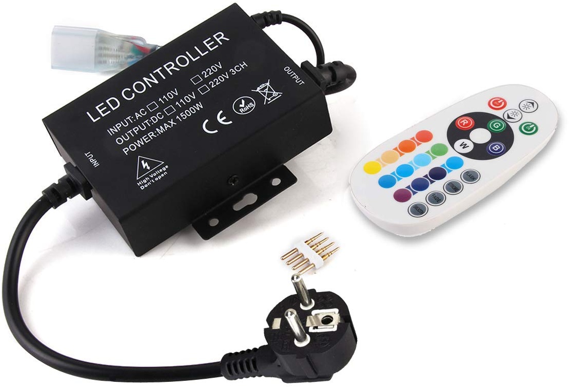 GreenSun RF Controller für Led Streifen, 24 Tasten Remote Control Fernbedienung, 220V Kontroller Steuerung, Netzteil Netzstecker Kabel für RGB LED Strip Streifen Licht