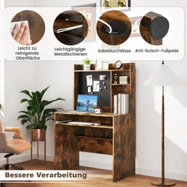 Costway 89x50x138 cm Schreibtisch mit magnetischer Pinnwand, Kleiner Computertisch mit Aufsatz, Tastaturablage & Verstellbarer Ablage, PC-Tisch, Braun - Braun