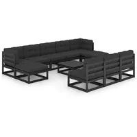 vidaXL 11-tlg Garten-Lounge-Set mit Kissen Schwarz Kiefer Massivholz