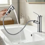 Wasserhahn Bad mit Ausziehbar Brause, Hochdruck Waschtischarmatur Einhebelmischer Mischbatterie mit 3 Strahlarten Geeignet,Warm Kalt Mischbatterie Waschbeckenarmatur für Badezimmer (Helles Silber)