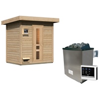 Karibu Gartensauna Saunahaus Hytti 1 inkl. 9-teiligem gratis Zubehörpaket Energiesparende Saunatür mit Glaseinsatz 9 kW Ofen inkl. Steuergerät