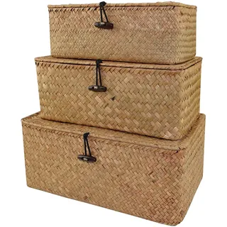 IHONYI 3er-Pack Aufbewahrungskorb Geflochten, Rattankorb Aufbewahrungskorb mit Deckel, Seegras korb, Weidenkorb, Körbchen Aufbewahrung für Schlafzimmer Wohnzimmer Küche Aufbewahrung von Haushaltsgegenständen
