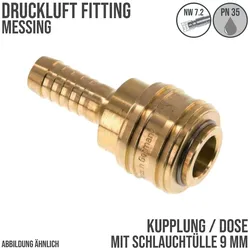 9 mm Druckluft Kupplung Dose Schnell Schlauch Tülle Messing NW 7,2 LW - PN 35 ba...