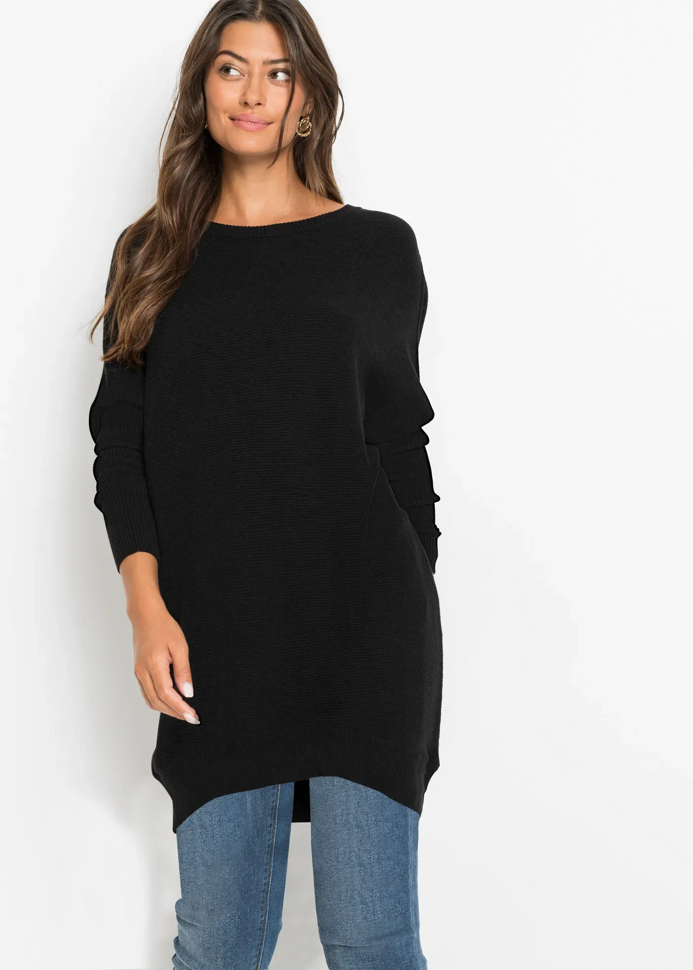 Longpullover BONPRIX, Damen, Gr. 52/54 (XXL), schwarz, Strick, Obermaterial: 50% Viskose, 26% Polyamid, 24% Polyester, unifarben, oversize ca. Mitte Oberschenkel, Rundhals, Strickkante, Pullover Longpullover, aus Viskose-Mix, mit Langarm, für Wintermode, Oversize Passform