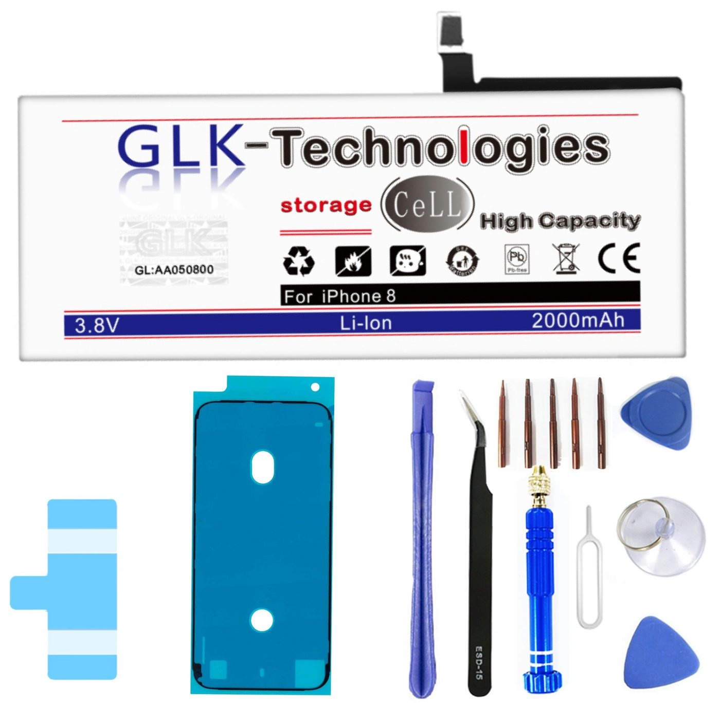 GLK-Technologies Verbesserter Ersatz Akku für iPhone 8 APN A1863 A1905 A1906 mit Öffnungswerkzeug Smartphone-Akku 2000 mAh (3,83 V)