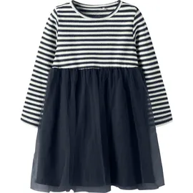 NAME IT "NMFTAIAS LS TULLE DRESS", Mädchen, Gr. 122, N-Gr, navy blazer stripes:cloud dancer, Jersey, Obermaterial: 90% Baumwolle, 5% Elasthan, 5% metallisierte Fasern, geringelt, gestreift, unifarben, bequem, Rundhals, Kleider Minikleid