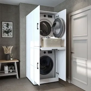 roomartstore.de Roomart Waschmaschinenschrank Dora für Trockner & Waschmaschine, in 4 Farben, mit Türen & Ausziehbrett Weiß