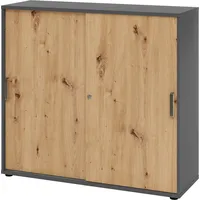 bümö Schiebetürenschrank "3OH" - Aktenschrank abschließbar, Sideboard Schrank mit Schiebetüren in Graphit/Asteiche - Büroschrank aus Holz mit