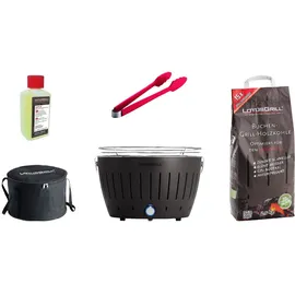 Lotusgrill Starter-Set Classic 1x Grill Anthrazitgrau mit USB-Anschluß, 1x Buchenholzkohle 2,5 kg, 1x Brennpaste 200ml, 1x Würstchenzange Farbe nach