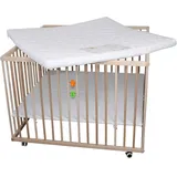 Großes Holz Laufgitter Babybett 100x100 cm mit Matratze und Spielzeug, Natur