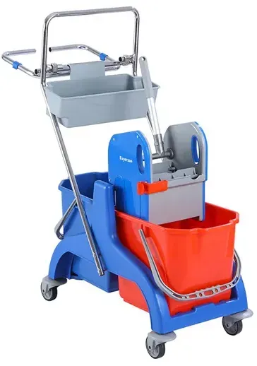 Reinigungswagen Bayersan Profi PE Kunststoff 2x25 L mit Metall-Deichsel, Presse, Korb, Müllsackhalter