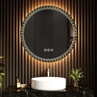 EMKE Badspiegel mit Beleuchtung Rund LED Spiegel 80 cm Runder Badspiegel mit Touchschalter, Dimmbar, 3 Lichtfarben, Beschlagfrei Badezimmerspiegel mit Beleuchtung IP44 Energiesparend