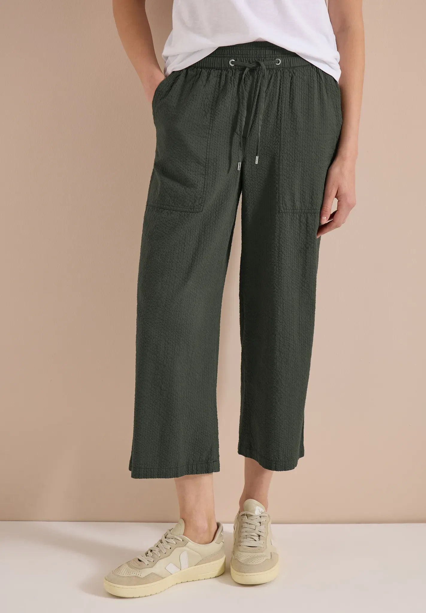 Culotte CECIL, Damen, Gr. M, Länge 24, khaki, Web, 75% Baumwolle, 25% Modal, unifarben, loose fit 3/4-Länge, Hosen Culotte, aus Seersucker-Material