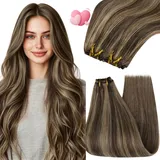 YoungSee Echthaar Tressen zum Einnahen Blond 50cm Tressen Echthaar Dunkelbraun Strahnchen Blond Tressen Extensions Echthaar Remy Haartressen Echthaar Weft Extensions Echthaar Tressen 100g #P4/27