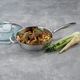 Kela Edelstahl 24 cm hoher Rand FLAVORIA, 1,6L Induktion Bratpfanne mit Deckel, Dampfauslassventil, Schmortopf unbeschichtet