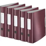 Leitz Qualitäts-Ordner 180° Active Style, 5er Pack, A4, Granat Rot, Abgerundeter Rücken mit 8,2 cm Rückenbreite, Gummibandverschluss, Leichtes Polyfoam, 11080028