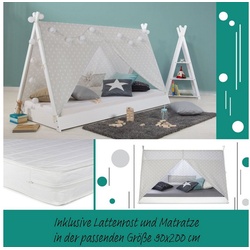 Homestyle4u Kinderbett Kinderbett mit Matratze TIPI 90×200 Weiß Grau Bettkasten weiß 90 cm x 200 cm x 132 cm