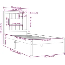 vidaXL Massivholzbett 90 x 200 cm Braun