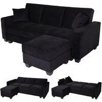 MCW Sofa MCW-H47 mit Ottomane, Couch Sofa Gästebett, Schlaffunktion Stauraum 217x145cm Samt schwarz