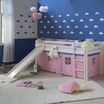 Homestyle4u Hochbett weiß mit Rutsche und Stoffvorhang rosa