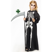 Karneval-Klamotten Kostüm Sensenmann Kinder langes Skelettkleid mit Sense, Halloween Mädchenkostüm mit Skelettaufdruck grau|schwarz|weiß 140