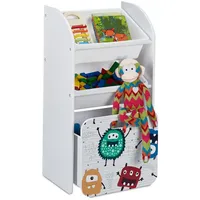 Relaxdays Kinderregal mit 3 Boxen, Monster-Motiv, Kiste mit Rollen, HBT: 80,5x42,5x30 cm, schmales Spielzeugregal, weiß,
