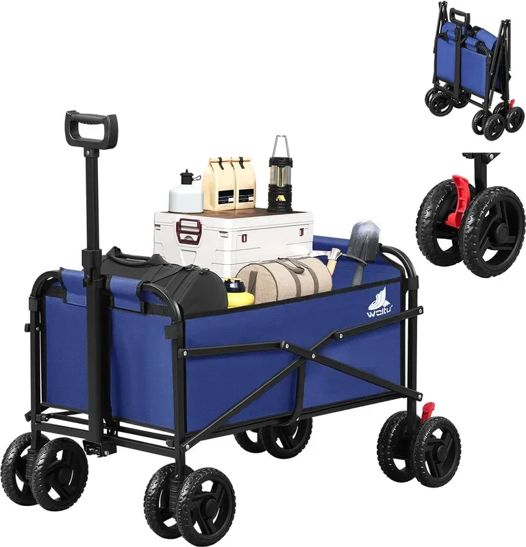 WOLTU Klappbarer Gartenwagen, Festivalwagen, Bollerwagen für Camping/Picknicks/Strandausflüge/Einkäufe, Klappwagen mit 4 doppelt universellen Rädern, arretierbar, Oxford-Gewebe+Metall, Schwarz