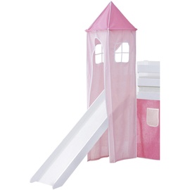 TICAA Hochbett Kasper mit Rutsche und Turm 90 x 200 cm Kiefer massiv weiß horse/pink
