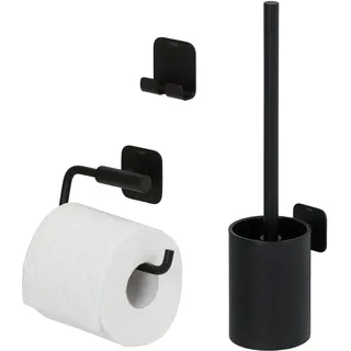 Tiger Colar Badaccessoire-Set, 3-teilig, bestehend aus Toilettenpapierhalter zur Wandmontage, Haken und WC-Bürste, Montage ohne Bohren Dank integrierter Klebefolie, Edelstahl, Schwarz