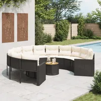 vidaXL Gartensofa mit Tisch und Kissen Rund Schwarz Poly-Rattan