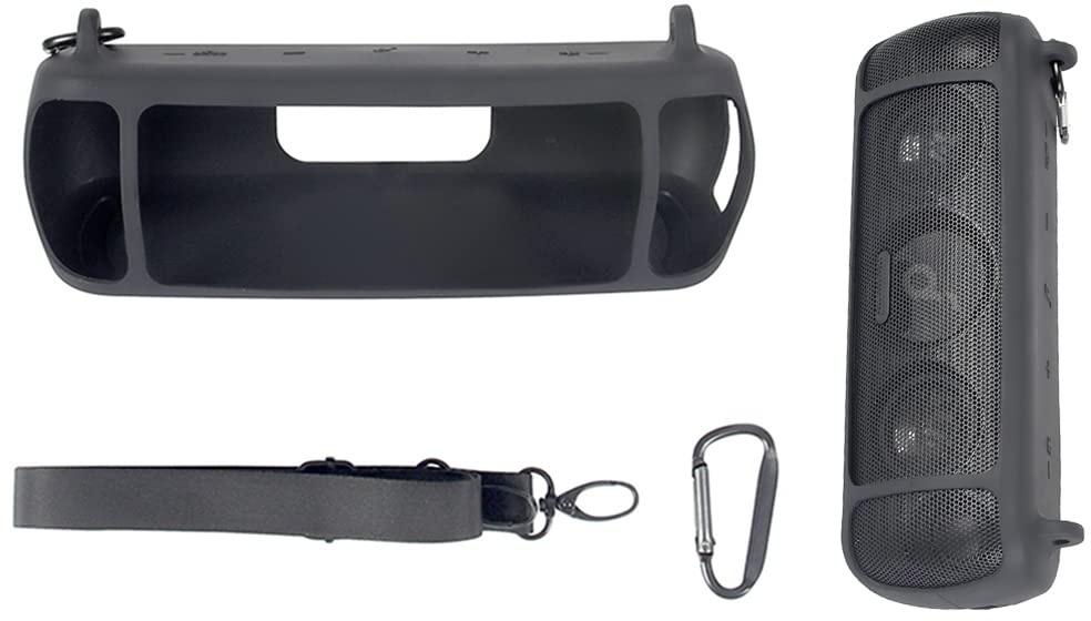 Trageweiche Silikonhülle passend für Anker Soundcore Motion+ Bluetooth Audio Lautsprecher mit tragbarem Schultergurt und Karabiner (schwarz)