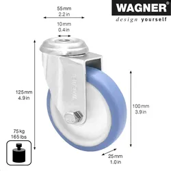 WAGNER Soft-Lenkrolle mit Rückenloch - Ø 100 mm, Stahl verzinkt, blau/weiß, Tragkraft 75 kg - 23170001