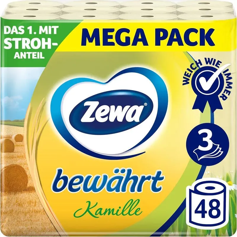 Zewa Papier bewährt KamilleToilettenpapier mit Strohanteil 48 Rollen Gelb 3-lagig