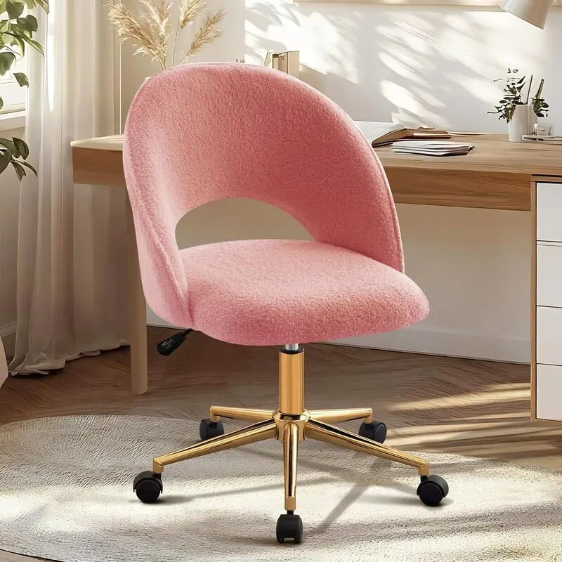 Hellove Toilettentischstuhl, Bürostuhl, Schreibtischstuhl, goldener Metallrahmen, Drehstuhl mit Rollen, höhenverstellbar, 135 kg Tragfähigkeit für Wohnzimmer, Ankleidezimmer, Schlafzimmer, Sherpa, rosa