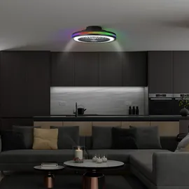Melitec Deckenleuchte mit Ventilator, Deckenlampe mit Ventilator, dimmbar, RGB-Lauflicht, natürlicher Wind, Timer und Nachtlicht, Fernbedienung, schwarz,