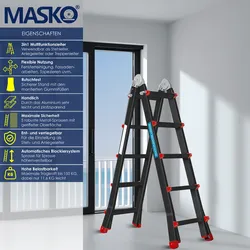 MASKO® Aluleiter Mehrzweckleiter 5,10m 4x5 Sprossen Teleskopleiter ? Multifunktionsleiter ? Aluleiter ? Klappleiter ? Anlegeleiter ? Bockleiter ? Schiebeleiter ? beidseitige Steh und Treppenleiter