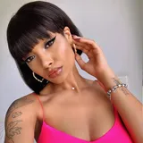 FASHION IDOL Bob Echthaar-Perücke mit Pony für schwarze Frauen kurzes glattes Haar 25CM natürliches schwarzes klebstofffreies maschinell hergestelltes kurzes Bob Perücken