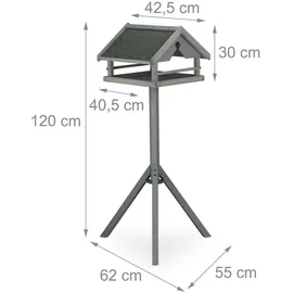 Relaxdays Vogelfutterhaus mit Ständer, wetterfestes Dach, Holz Vogelhaus, HBT: 120x62x55 cm, Futterhaus Wildvögel, grau