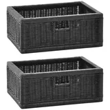 korb.outlet Set / 2 Regalkorb mit Holzrahmen Rattan Schubfach Box zur Aufbewahrung Schrankkorb Griff (Schwarz, Set 42x32x17)