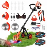 4 in 1 Rasentrimmer mit Akku,21V Rasenkantenschneider mit 2 × 2,0 Ah Batterie und Ladegerät,90°Drehkopf,Abnehmbaren Rädern,Freischneider mit 4 Klingentypen& Abnehmbaren Rädern für Gärten,Höfe,Rasen