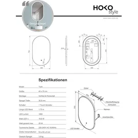 PonteSino HOKO Badspiegel LED 45x75 cm Wandspiegel Oval+Rahmen+LED Wechsel Warmweiß-Kaltweiß-Neutral 2700-6500K+Touch Schalter+Memory-Funktion. Turin - Schwarz