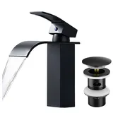 Auralum Max Waschtischarmatur Wasserfall Bad Wasserhahn Badarmatur mit Auslauf Höhe 85MM +mit Pop Up Ablaufgarnitur mit Überlauf Waschbecken Armatur, Schwarz schwarz