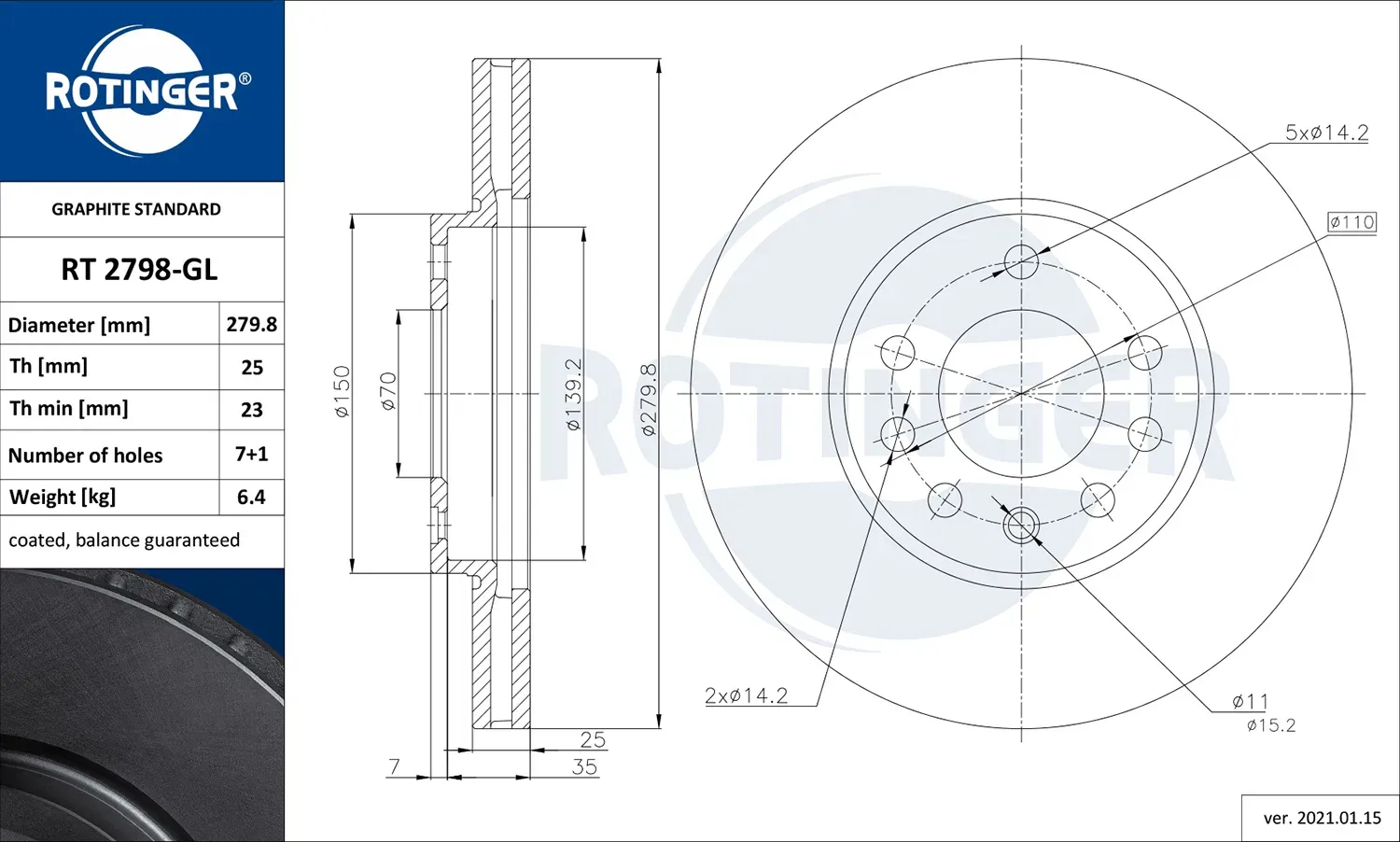 ROTINGER Bremsscheibe rt2798gl Vorderachse 280mm 25mm für CHEVROLET