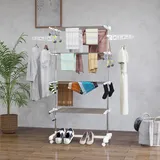 Zusammenklappbarer Wäscheständer Aus Edelstahl Und Kunststoff, Platzsparender, Vertikaler, Ausziehbarer Wäscheturm Mit 6 Rollen, Haken Und 4 Verstellbaren Ablagen Für Den Innenbereich, 142 X 55 X 172