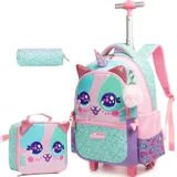 JSMNIAI Trolley Rucksack mit 2 Rollen für Kinder Mädchen,Trolley Schultasche für Kinder Schule und Reise,Trolley Kindergepäck Mit Essensbeutel und Federmäppchen