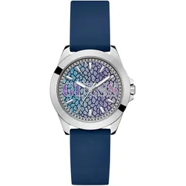 GUESS "MENAGERIE", blau, Armbanduhren, Damen, Quarzuhr, Armbanduhr, Damenuhr, Silikonarmband, Mineralglas, analog