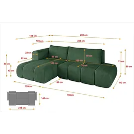 altdecor Ecksofa Cord mit Schlaffunktion 2-Sitzer Grün