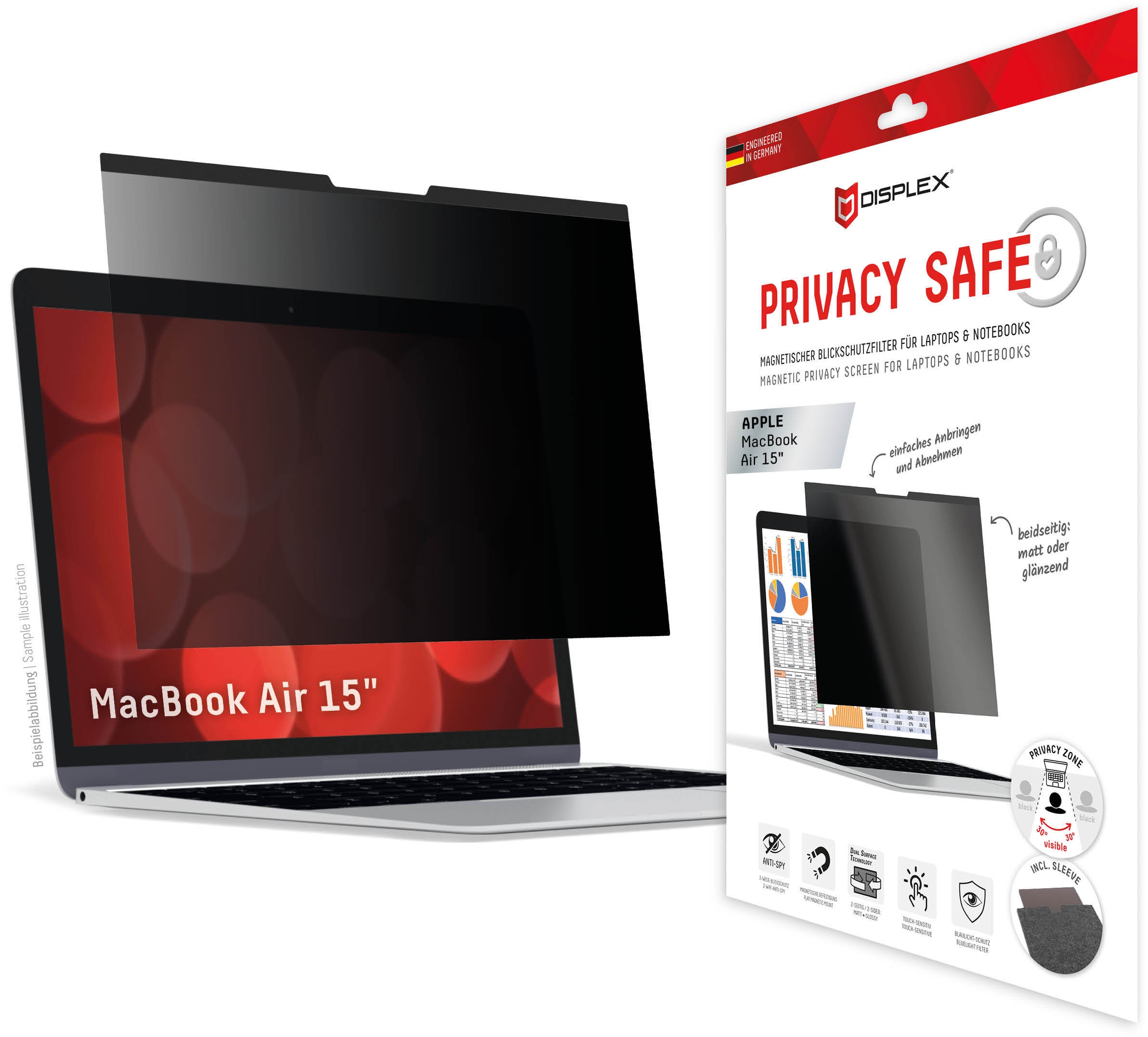 DISPLEX PRIVACY SAFE Magnetischer 2-Wege Blickschutzfilter für für MacBook Air 15‘‘, 33,6 x 22 cm, magnetische Befestigung, abnehmbar, Anti-Reflex- &
