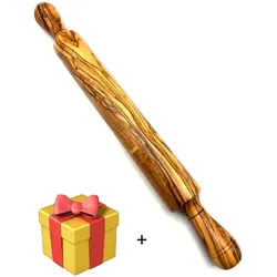 Teigroller OLIVENHOLZ-ERLEBEN "Nudelholz aus massivem Olivenholz", braun, L:42cm Ø:4cm, Olivenholz, Teigroller, ergonomische Griffe, angenehmer Halt für müheloses Ausrollen